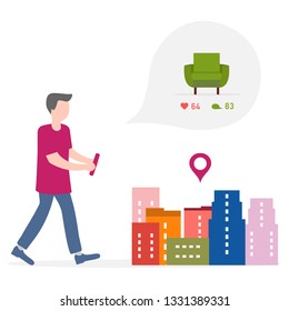Application of augmented reality: AR for navigation in city. Man with modern device plans to buy armchair in a mall in city. Navigation pointers to shops.