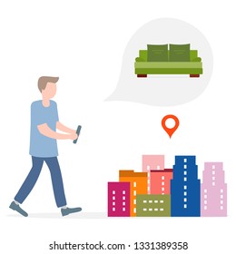 Application of augmented reality: AR for navigation in city. Man with modern device plans to buy sofa in a mall in city. Navigation pointers to shops.