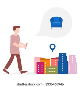 Application of augmented reality: AR for navigation in city. Man with modern device plans to buy armchair in a mall in city. Navigation pointers to shops.