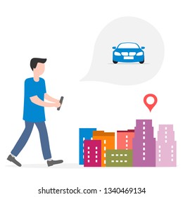Application of augmented reality: AR for navigation in city. Man with modern device plans to rent, buy car in city. Navigation pointers to shops.