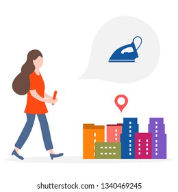 Application of augmented reality: AR for navigation in city. Girl with modern device plans to buy home appliances in the store in city. Navigation pointers to shops.