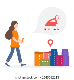 Application of augmented reality: AR for navigation in city. Girl with modern device plans to buy home appliances in the store in city. Navigation pointers to shops.