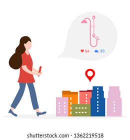 Application of augmented reality: AR for navigation in city. Girl with modern device plans to buy shower in a mall in city by comments, likes. Navigation pointers to shops.