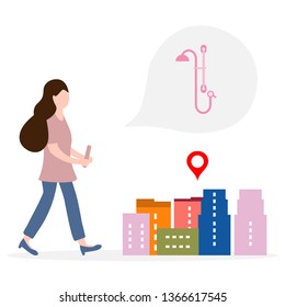 Application of augmented reality: AR for navigation in city. Girl with modern device plans to buy shower in a mall in city. Navigation pointers to shops.