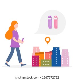Application of augmented reality: AR for navigation in city. Girl with modern device plans to buy towels in the store in city. Navigation pointers to shops.