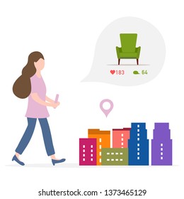 Application of augmented reality: AR for navigation in city. Girl with modern device plans to buy armchair in a mall in city by comments, likes. Navigation pointers to shops.