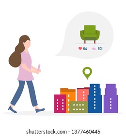 Application of augmented reality: AR for navigation in city. Girl with modern device plans to buy armchair in a mall in city by comments, likes. Navigation pointers to shops.