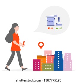 Application of augmented reality: AR for navigation in city. Girl with modern device plans to buy repair tools in the store in city. Navigation pointers to shops.
