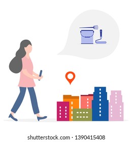 Application of augmented reality: AR for navigation in city. Girl with modern device plans to buy repair tools in the store in city. Navigation pointers to shops.