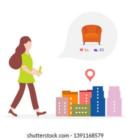 Application of augmented reality: AR for navigation in city. Girl with modern device plans to buy armchair in a mall in city by comments, likes. Navigation pointers to shops.