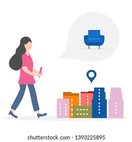Application of augmented reality: AR for navigation in city. Girl with modern device plans to buy armchair in a mall in city. Navigation pointers to shops.