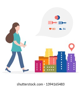 Application of augmented reality: AR for navigation in city. Girl with modern device plans to buy repair tools in the store in city. Navigation pointers to shops.