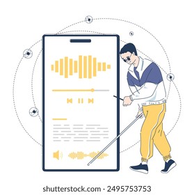 Aplicación para ciegos. Hombre con gafas de sol cerca de la pantalla del smartphone. Programa para personas con discapacidad. Navegación y dirección, ruta. Ilustración vectorial lineal aislada sobre fondo blanco