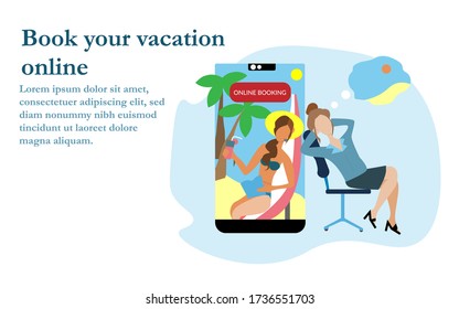 Application for booking online on a smartphone. Woman booking vacation from office. Template for website, banner, isolated flat illustration. 