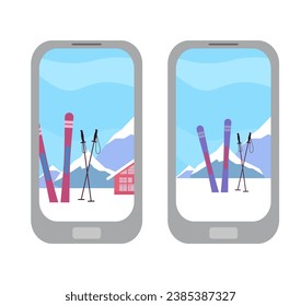 Application for booking skis and holidays in the mountains. Vector flat illustration with smartphones and skis with mountains on display. Sports App Clipart Set