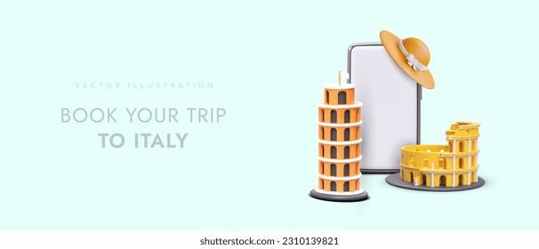 Application for booking tours to Italy. Choosing optimal route. Paying for travel online. Acquaintance with available excursions. 3D elements on vector advertising template