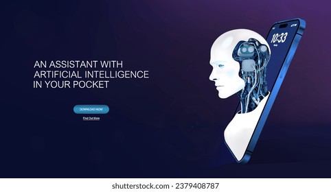 Application with built-in artificial intelligence. 3D banner with a mobile phone and an modern robot. Assistant, chat bot with AI. Neural network, artificial intelligence tools. 3D Vector AI banner