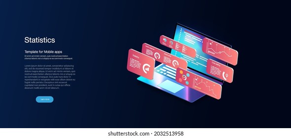Application with business graph and analytics data on isometric. Analysis trends and software development coding process concept. Programming, testing cross platform code
