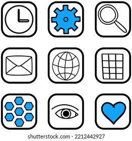 Botones de aplicación con signos aislados en blanco. Disposición de los accesos rápidos del programa. Iconos de la pantalla de inicio del equipo o smartphone. Símbolos de dispositivos modernos, programas de tecnología digital, software técnico