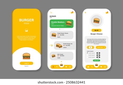 Aplicativo para comprar hambúrgueres. Coleção de modelos de interface de ordem de hambúrguer. GUI ágil para aplicativos móveis