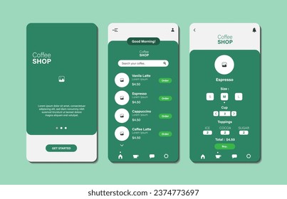 Application to buy coffee drinks. Collection of online coffee shop interface templates. Responsive GUI for mobile applications