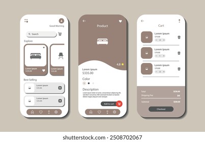Aplicação para comprar móveis. Coleção de modelos de interface de loja de móveis online. GUI ágil para aplicativos móveis. Ilustração vetorial