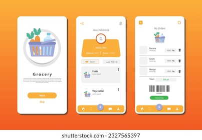 Application to buy groceries. Collection of online grocery store interface templates. Responsive GUI for mobile applications