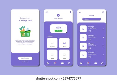 Aplicación para comprar comestibles. Colección de plantillas de interfaz de tienda de comestibles en línea. GUI de respuesta para aplicaciones móviles. Ilustración del vector