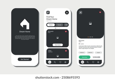 Aplicação para comprar ou alugar casas e apartamentos. Coleção de modelos de interface online. GUI ágil para aplicativos móveis. Ilustração vetorial