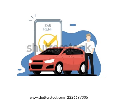 Application car rent concept, Human standing with personal car, Digital marketing illustration.