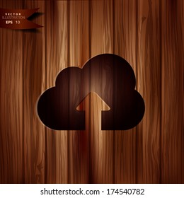 Application cloud upload icon. Wooden background