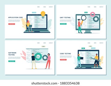 Application code development and software testing services web banners set, flat vector illustration. Web pages with programmers and code testers characters.