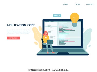 Application code test website banner template with cartoon character of woman software programmer sitting in front of notebook, flat vector illustration.