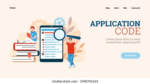 Application code writing and testing website, cartoon vector illustration.