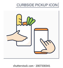 Application color icon.Tracking delivery. Curbside pickup mobile app. Online ordering products from grocery. Contact-free delivery concept. Isolated vector illustration