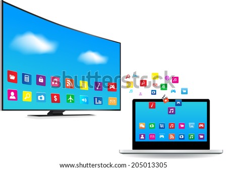 Application coming out  from Laptop and Smart TV on white background
