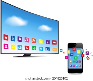 Application coming out  from Smart Phone and Smart TV on white background