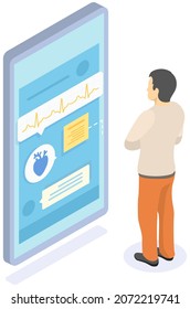 Solicitud de comunicación con médicos y consultas en línea. Hombre charlando con un cardiólogo en mensajero. Aplicación médica en pantalla de smartphone. Carácter masculino con corazón enfermo en consulta