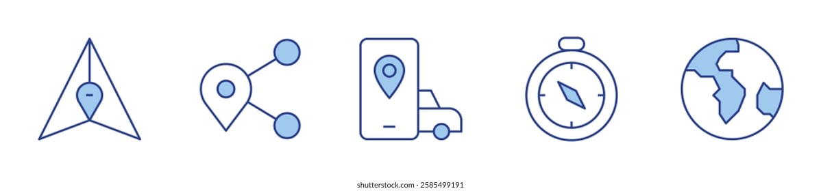 application, compass, globe, position, share location. Navigation Icon vector illustration. Line Duotone style. Editable stroke.