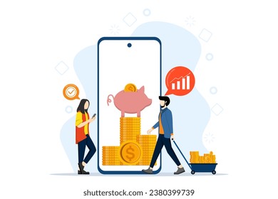 Application concept for online banking and saving money. man rolling cart with gold coins. Business people save money in online banks with interest. Piggy bank on phone screen. Vector illustration.