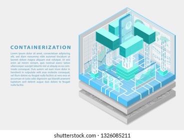 Application containerization and modular software development concept with symbol of smartphone and containers as isometric 3d vector illustration. 