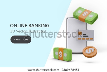 Application for controlling funds through phone. Non cash payment method. Remote calculations. Advertising banner with 3D figures on colored background. Financial reporting in phone