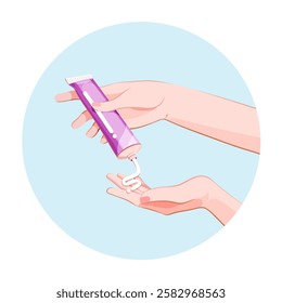 Application of cosmetic cream on the female hands skin from tube. Spa skincare wellness procedure icon for infographics, presentations, web design, poster, banner. Modern flat style. 