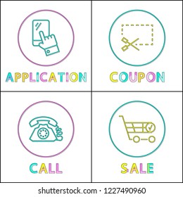 Application and coupon, call and sale linear outline style. Gadget concept signs and website design simple line symbols in circles vector illustration
