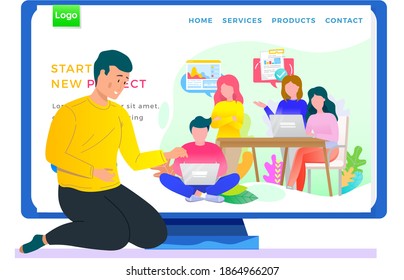 Application for creating projects, Internet shop website layout. Online store landing page template. Pastime for teenagers, chatting via the Internet. Paid program for students. Guy looks at screen