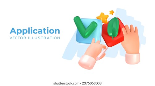 Application creation. Hands create, draw icons. 3D app icon. In cartoon 3D style. Vector illustration