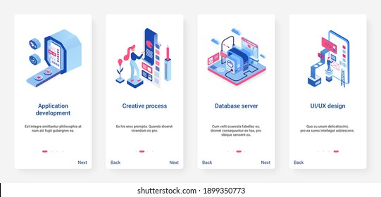 Application creative development vector illustration. UX, UI onboarding mobile app page screen set with cartoon 3d designer people programming, creating website design, working with database server