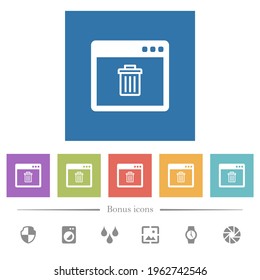 Application delete flat white icons in square backgrounds. 6 bonus icons included.