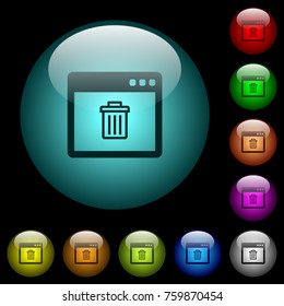 Application delete icons in color illuminated spherical glass buttons on black background. Can be used to black or dark templates
