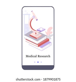 Diseño de aplicaciones para investigación médica, microscopio, símbolo de ciencia, química, farmacéutica. diseño de pantalla de interfaz de usuario en conexión. Página de plantilla de aplicación móvil integrada. Ilustración vectorial moderna.